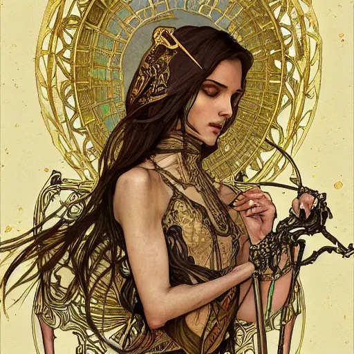 Image similar to skeleton with sickle, highly detailed, very intricate, art nouveau, gold filigree, award winning, tarot concept art watercolor illustration by mandy jurgens and alphonse mucha and alena aenami, featured on artstation