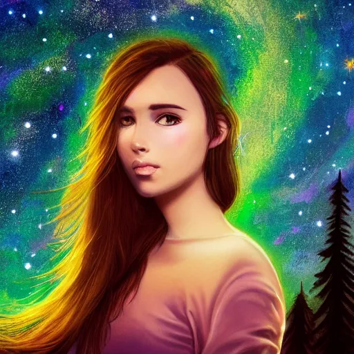 Image similar to an hd photo of a young woman with medium brown hair and green eyes. background of beautiful trees and night sky with colorful stars and galaxies, trending on artstation