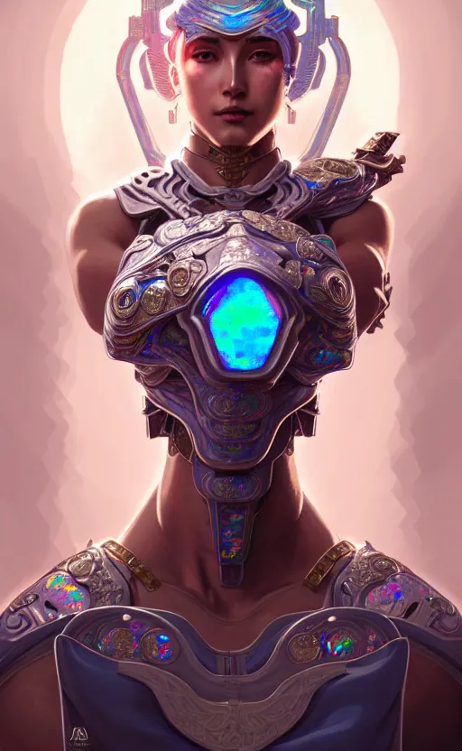 Prompt: iridescent opal cyborg shinobi warrior, intricate ornate details, morandi color scheme, hd, illustratio, splash art, fantasy, elegant, highly detailed, wide angle, digital painting, artstation, concept art, smooth, sharp focus, illustration, wallpaper, art by artgerm and greg rutkowski and alphonse mucha and jin xiaodi