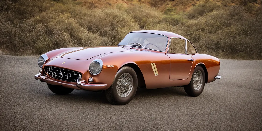 Image similar to photograph, 1958 FERRARI 250 GT, copper paint, by Peter Singhof, press release, cinematic, malibu canyon, 8k, depth of field, bokeh. rule of thirds