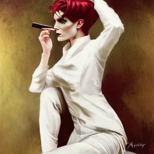 Image similar to beautiful portrait of androgynous ruby rose as desire from sandman in a white tuxedo!!!, rockabilly style, by alphonse mucha, cedric peyravernay, by jeremy mann, by frank moth, white suit and black tie, smoking cigarette, soft lightning, high detailed, 8 k