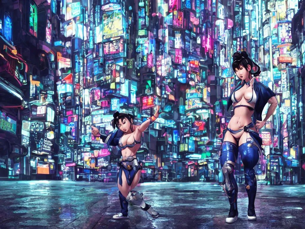 Prompt: Chun-Li in a cyberpunk city street, detailed, posing, looking at the camera, rain