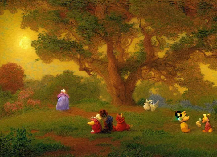 Prompt: romanticism impressionism landscape painting of winnie the pooh characters at night, night time, colorful paper lanterns, in the style of hudson river school and thomas cole and albert bierstadt and robert duncanson and vincent van gogh and claude monet