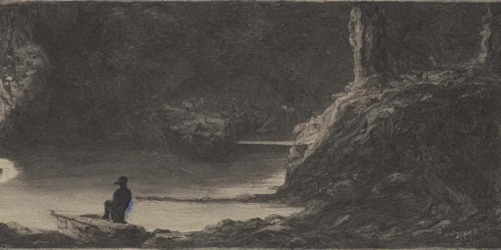 Image similar to a man sits at the edge of a river in the underworld waiting for the ferryman charon, beksinksi