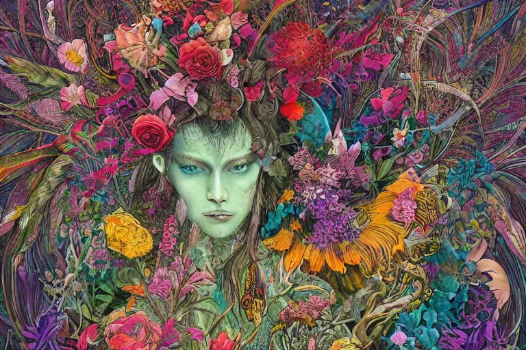 Image similar to a painting of a creature with a lot of flowers and plants on its head, poster art by android jones, behance contest winner, generative art, made of flowers, grotesque, concert poster