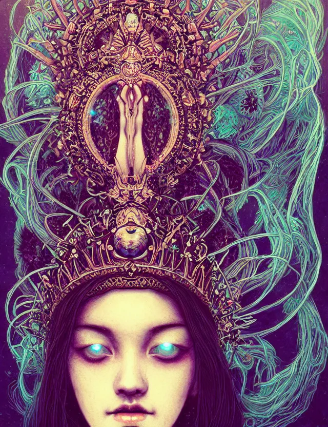 Prompt: symmetrical, centered, goddess close-up portrait wigh crown made of skulls. phoenix betta fish, phoenix, bioluminiscent creature, super intricate ornaments artwork by Tooth Wu and wlop and alena aenami and greg rutkowski