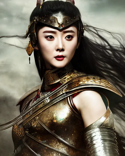 Prompt: fan bingbing as chinese warrior princess at the battle of helms deep, background: battle scene, clear makeup, clean hair, dry skin, clear skin, airbrushed, bright eye makeup, warrior body, photo by mario testino, 8k octane render, cinematic, hyper detailed, micro details, insanely detailed, trending on artstation, concept art