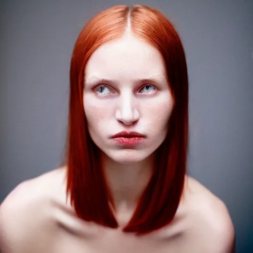 Image similar to face portrait, white woman, 22 years old, thin, center parting straight red hair, snub nose, small lips, studio photography by Annie Leibovitz, f/8