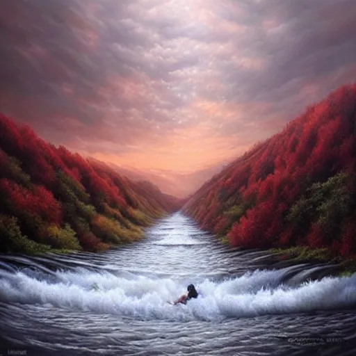 Image similar to artist joel rea a detailed hyper realistic painting of a flood running through the natural wilderness,