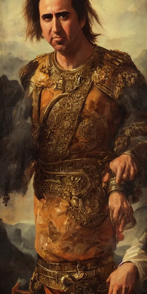 Image similar to Romantic-period style portrait of Nicholas Cage playing Alexander the Great, trending on artstation, oil painting masterpiece, symmetry, fractals, Greek iconography