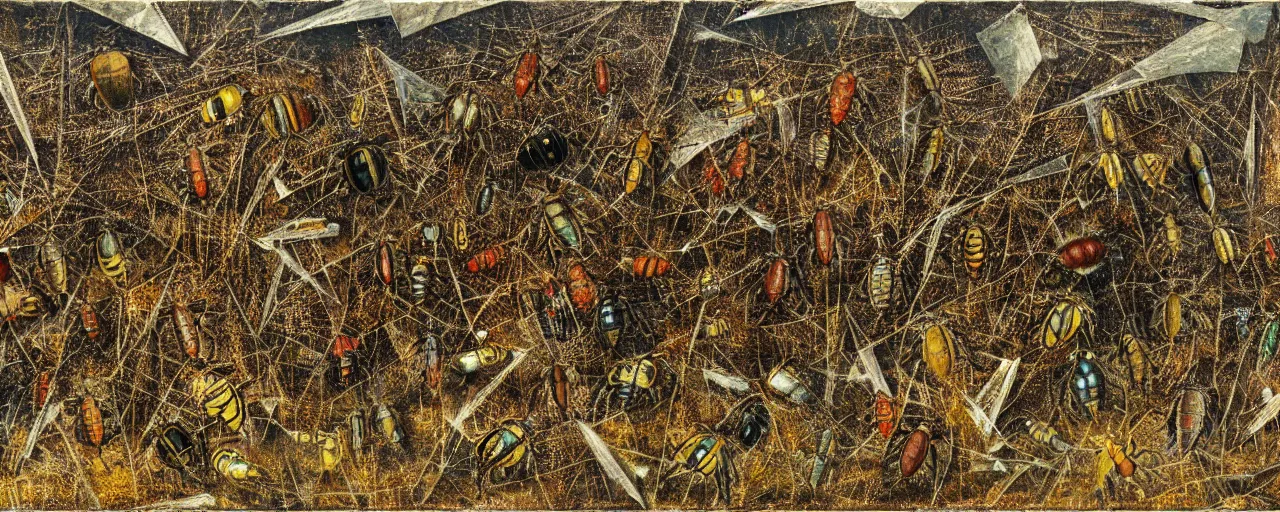 Prompt: strange giant insects, beetles and flies, swarming in a cornfield, oil painting by max ernst and anselm kiefer, decay, mixed media, textured, sharp focus, highly detailed, photographic emulsion cracked and peeling, rust, cinematic lighting, 8 k, hd