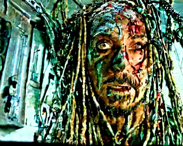 Image similar to rotten zombie jack sparrow [ covered in wires ] emerges from a cybercore portal in my disgusting room in the basement, 1 6 mm