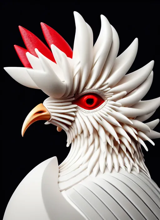 Image similar to hyper detailed ultra sharp portrait of a beautiful fashionable porcelain ivory cyberpunk scifi rooster, well contoured smooth colorful feathers, up close shot, sharp focus, global illumination, radiant light, black haute couture, alexandre ferra, irakli nadar, octane render, 4 k, ultra hd,