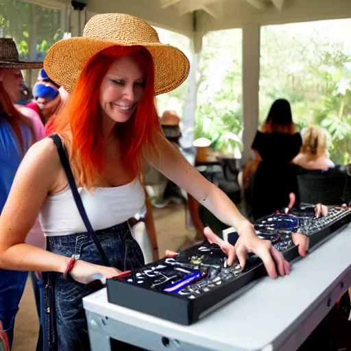 Image similar to DJ at a party, DJ is a red headed woman and is wearing a straw hat and a fanny pack