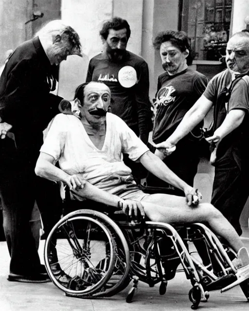 Prompt: Salvador Dali in a wheelchair with a broken leg, his arm in a cast and a black eye being pushed by an orderly who is wearing a T-Shit that says Stable Diffusion Rocks, Photorealistic