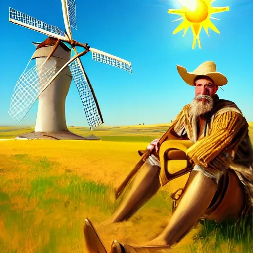 Image similar to portrait of don quixote sitting on a pikachu, windmill, summer, sun in the zenith, digital art, highly detailed, stunning scene, realism, stunning scene, bright colors, trending on artstation, masterpiece