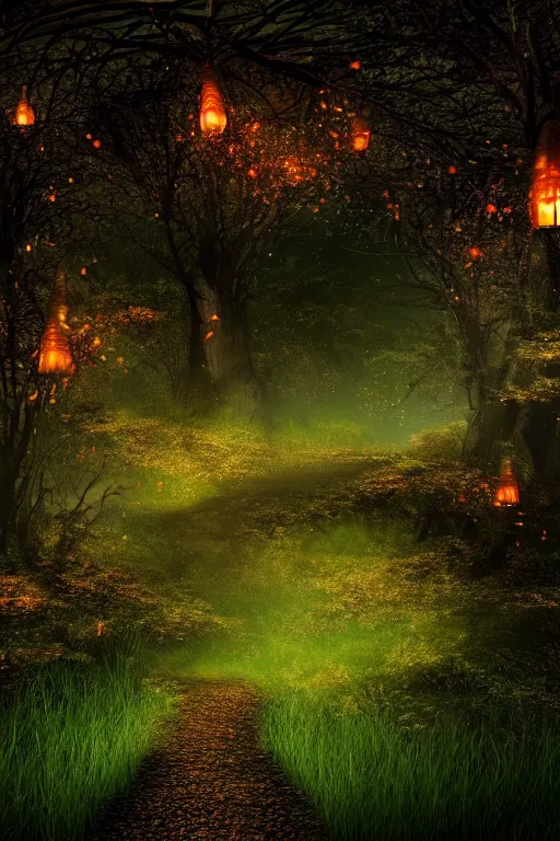 Prompt: a beautiful digital glossy clear sharp of a detailed gothic fantasy fireflies forest trees roots mushrooms fireflies moonlight and iron gate cobblestone pathway vines ground fog by james gurney, 8 k resolution trending on artstation