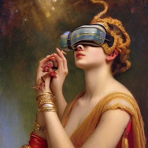 Image similar to detailed figure of hindu traditional girl blindfolded high - tech vr headset in baroque style, girl graceful,, painting by gaston bussiere, craig mullins, j. c. leyendecker, lights, art by ernst haeckel, john william godward, hammershøi,,