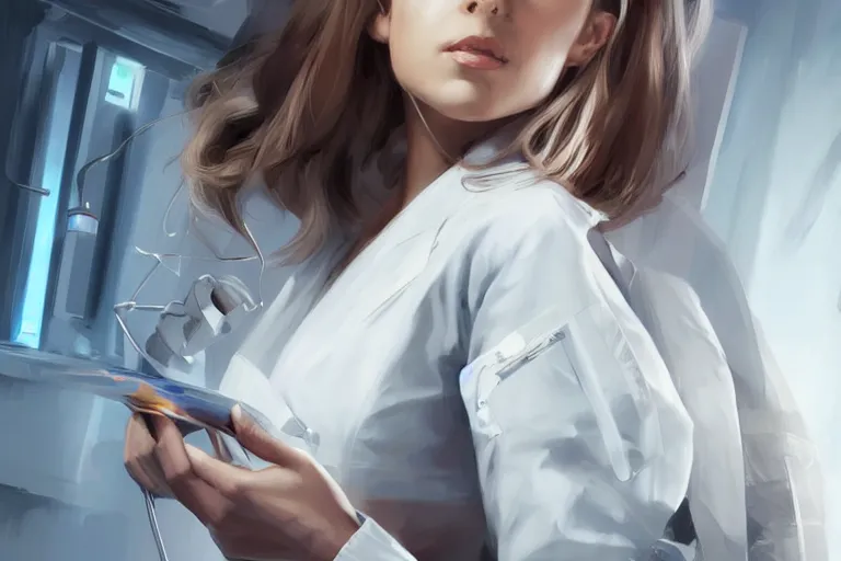 Image similar to a poster of emergency room, an elegant and beautiful female doctor in a white coat in a hospital ward, cinematic, highly detailed, digital painting, artstation, concept art, matte, sharp focus, illustration, art by artgerm and greg rutkowski