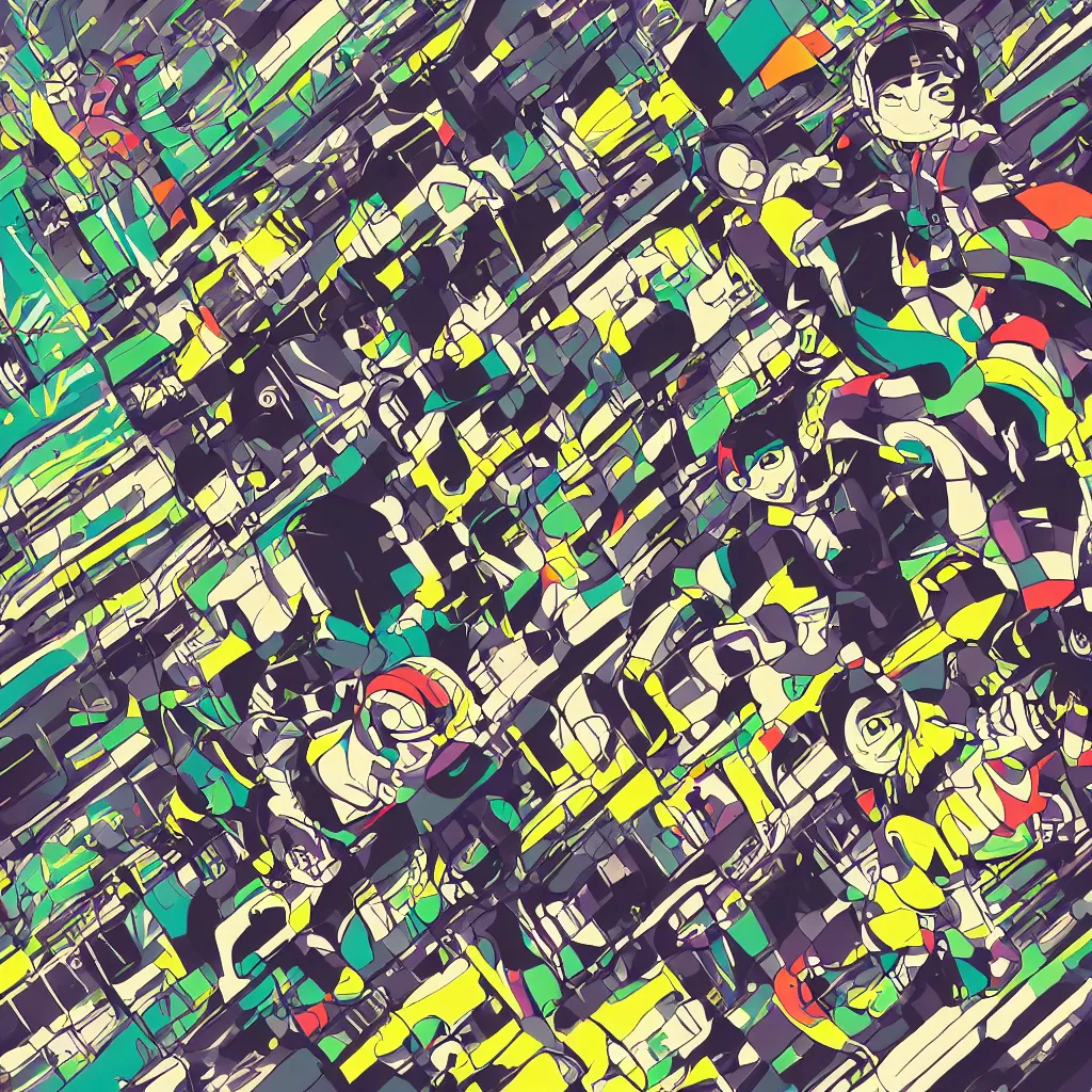 Image similar to people wearing helmets, ryuta ueda artwork, jet set radio artwork, stripes, gloom, space, cel - shaded art style, broken rainbow, data, minimal, speakers, code, cybernetic, dark, eerie, cyber