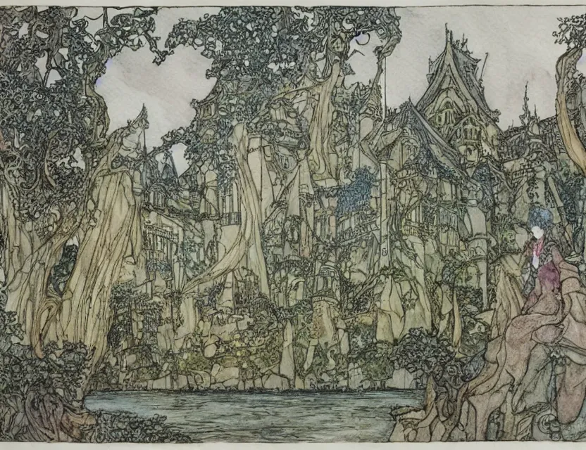 Prompt: a detailed, intricate watercolor and ink illustration with fine lines of the view from the river of an art nouveau castle, by arthur rackham and edmund dulac and lisbeth zwerger