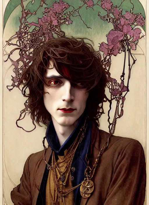 Image similar to edmund dulac, leyendecker, highly detailed portrait, a beautiful androgynous young ron wood, long hair, tall and thin, wearing several pendants, art nouveau, stephen bliss, unreal engine, by greg rutkowski, loish, ferdinand knab, ilya kuvshinov, rossdraws, tom bagshaw, alphonse mucha, global illumination, radiant light