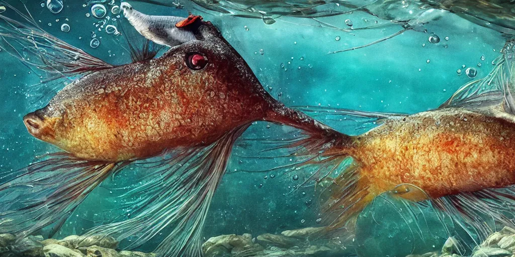 Image similar to a very intricately detailed underwater photo of a fish cuddling with a bird, extreme detail, artstation hq, 8 k