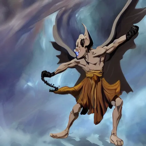 Image similar to winged daemon monk, disney's gargoyles, chaos magic, unarmed combat, fierce opponent, adventure, art station, anime energy, fantasy concept