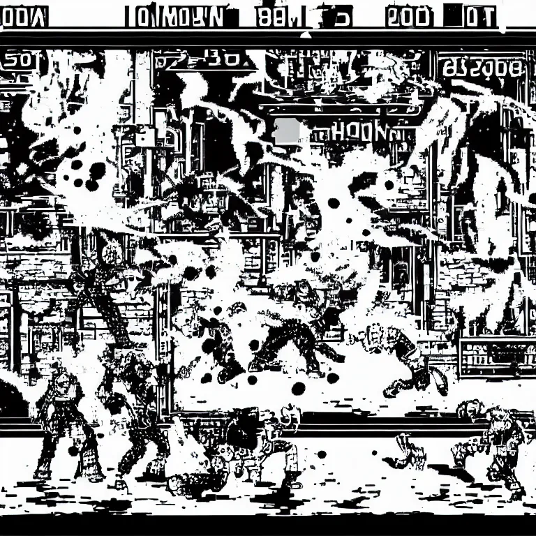 Prompt: ghostly battle arcade vintage fighting game in black and white with blood splatters from the bare knuckle fighting combo with crazy hud GUI from the year 3001