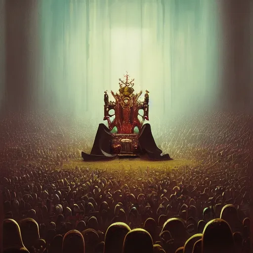 Image similar to a fantasy painting of a crowd around a queen sitting on a throne by Dawid Planeta