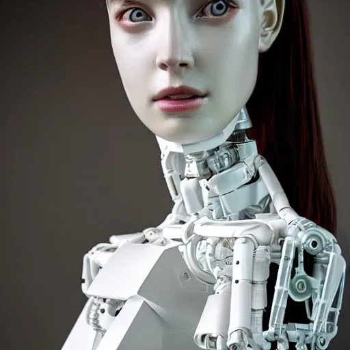 Prompt: beautiful Fine art photo portrait of enraptured Sarah Mcdaniel as a solarpunk robotic humanoid, white mechanical parts with led lights, photorealistic, white background, highly detailed and intricate, studio lighting, HDR 8k