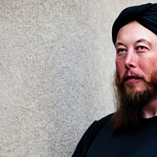 Prompt: a portrait elon musk wearing a long beard and a turban joining the taliban, fine details, close up, 8 k photography, depth of field, bokeh. i