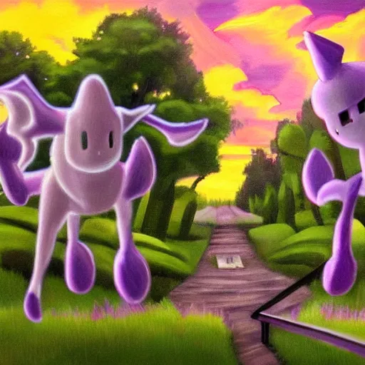 Image similar to hyperrealistic painting of pokemon lavender town, terrifying, purple dim light, ghosts flying