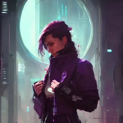 Image similar to very detailed masterpiece painting of a very beautiful caucasian young cyberpunk woman with dark purple hair, portrait, artstation, concept art by greg rutkowski