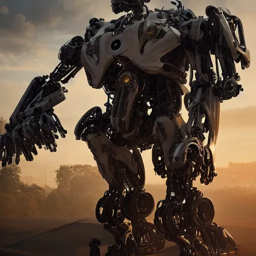 Image similar to biomechanical mecha, rays of light. Style of westworld, cables, lights, searchlight, weta digital, octane render, insane details, ultra realistic, beatifully lit, reflections