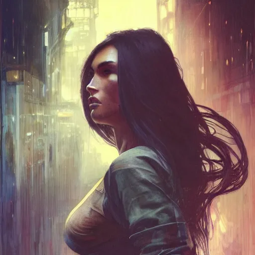 Prompt: megan fox, hyperrealistic portrait, bladerunner street, art of elysium by jeremy mann and alphonse mucha, fantasy art, photo realistic, dynamic lighting, artstation, poster, volumetric lighting, very detailed face, 4 k, award winning