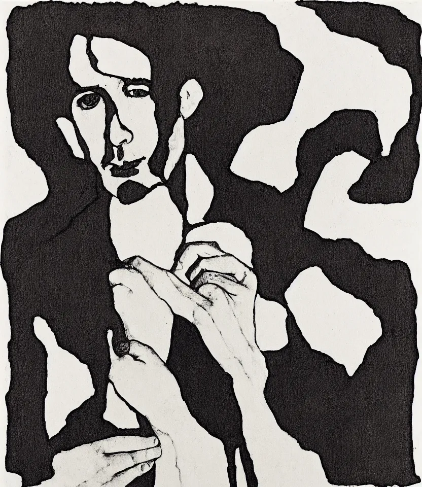 Image similar to monochrome lineography of leonard cohen inspired by egon schiele.