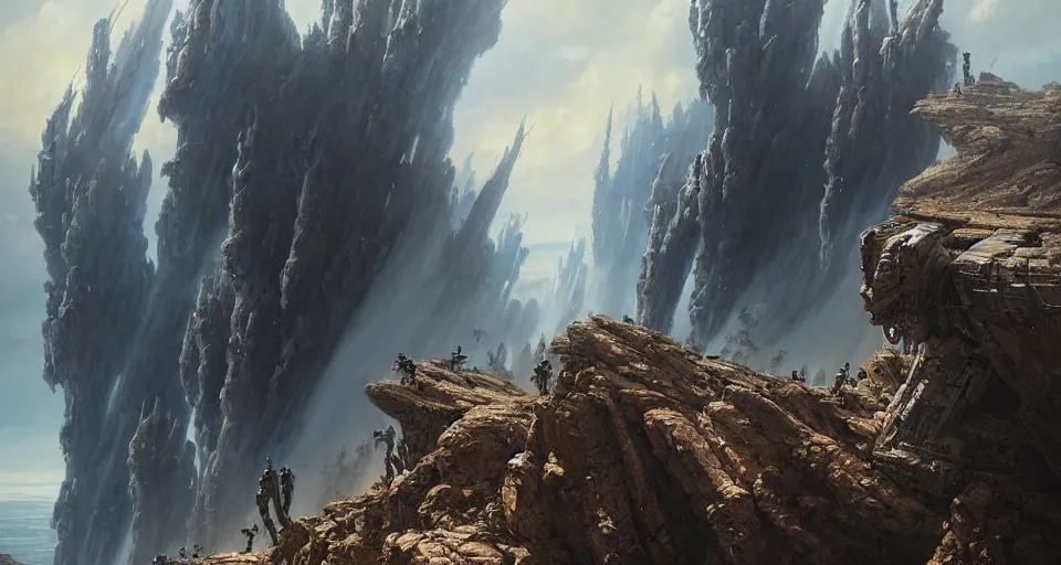 Image similar to hyper realistic sci - fi matte concept art painting of mecha on a cliff overlooking a raging battle, beautiful details, strong composition painted by kim jung guweta studio rutkowski, james gurney and greg rutkowski, and lucasfilm, smooth, intricate, detailed, sharp focus, cinematic