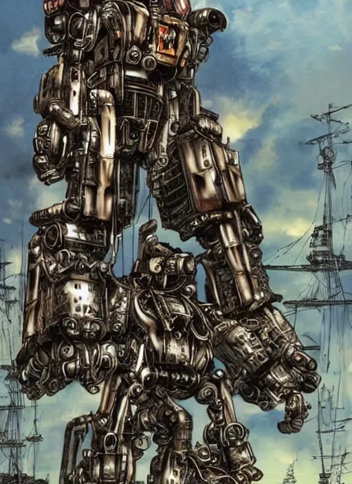 Prompt: A giant mech suit made out of pirate ship parts, bipedal, humanoid, wooden, canons attached to arms, masts for legs by Mike Deodato