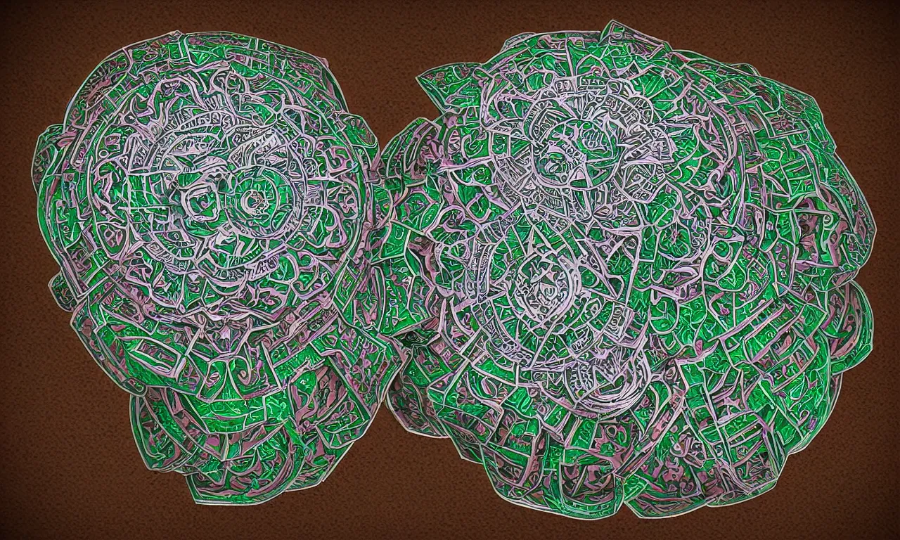 Image similar to mandrelbot 3 d volume fractal mandala ceramic chakra digital color stylized an ancient white bone and emerald gemstone relic, intricate engraving concept 3 d point lighting substance patern natural color scheme