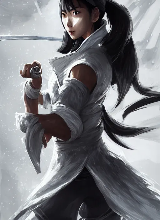 Prompt: a highly detailed illustration of fierce tall amazon messy ponytail black haired one armed delinquent asian woman wearing white cap wearing long white jacket with cape, dramatic wielding sword pose, muscular, intricate, elegant, highly detailed, centered, digital painting, artstation, concept art, smooth, sharp focus, league of legends concept art, wlop.