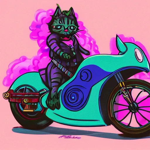 Image similar to wide angle full body, jacket wearing fluffy cute rainbow kitten wearing a black leather motorcycle jacket, riding on a motorcycle, cinematic concept art