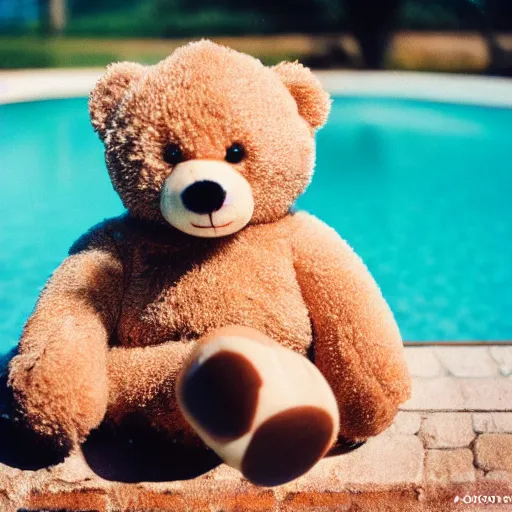 Image similar to photo of teddy bear in swimming pool cinestill, 800t, 35mm, full-HD