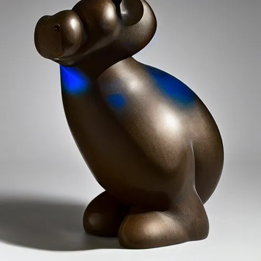 Image similar to a sophie taeuber - arp baby hippopotamus sculpture, by jeff koons, wood, blue epoxy translucent, cubic carved mix