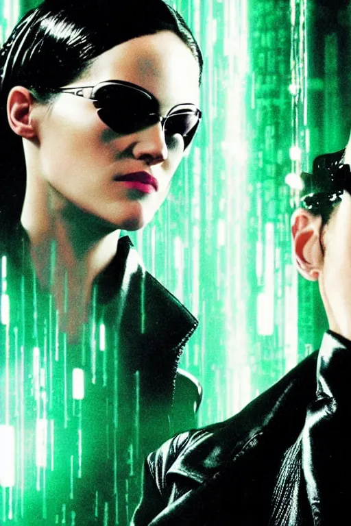 Prompt: a movie poster portrait taken from the matrix movie featuring ( john david washington ) with long black dreadlocks, wearing futuristic sun glasses and black leather trench coat, green matrix computer code and light beams flash in the background, extremely detailed, extremely symmetrical facial features, by kevin fiege 8 k