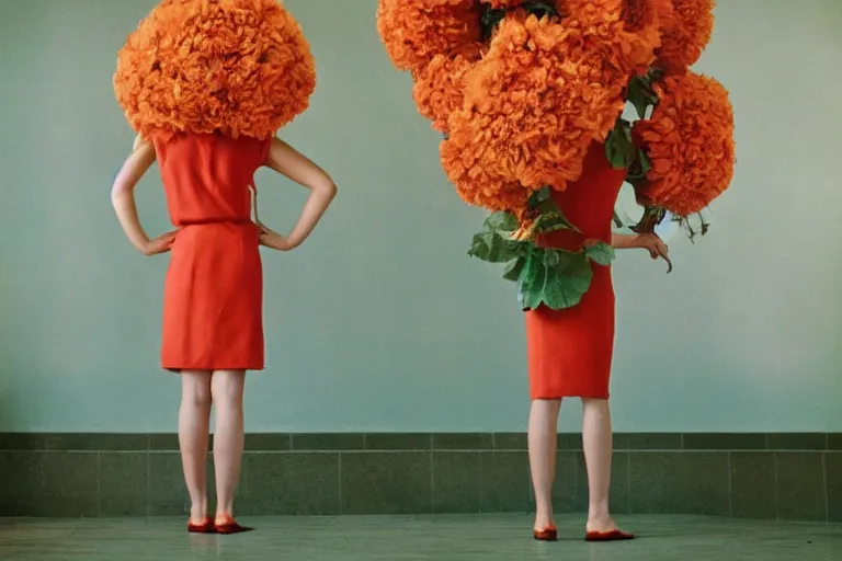 Image similar to giant flower head, girl standing in 1 9 6 0 s hotel, surreal photography, symmetry, mid century, liminal space, detailed, wes anderson