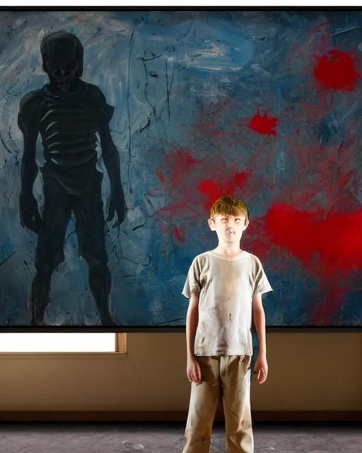 Prompt: an 8 years old enlightened and scared boy standing in front of an old computer with a game doom2 at the monitor screen painted by Adrian Ghenie and Willem de Kooning and Cy Twombly, still from a 2021 movie by James Cameron. expressive acrylic flowing smudged painting