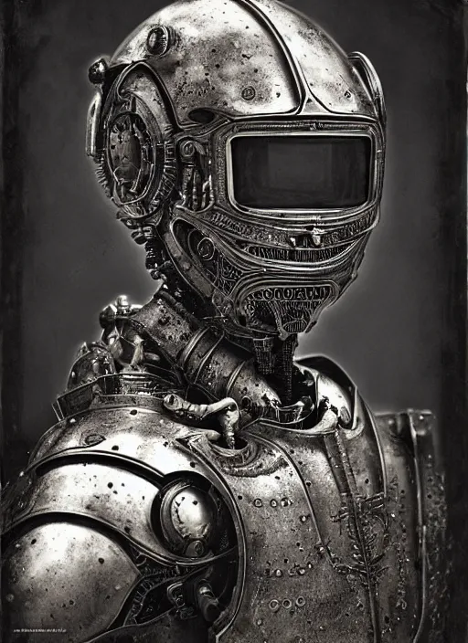 Image similar to old wetplate daguerreotype frame portrait of a futuristic silver armored knight district 9 cyborg, fractal, intricate, elegant, highly detailed, subsurface scattering, by jheronimus bosch and greg rutkowski and louis jacques mande daguerre