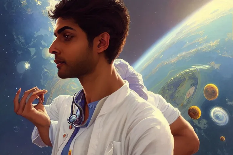 Image similar to Sensual good looking pale young Indian doctors wearing jeans in a space station above Earth, portrait, elegant, intricate, digital painting, artstation, concept art, smooth, sharp focus, illustration, art by artgerm and greg rutkowski and alphonse mucha