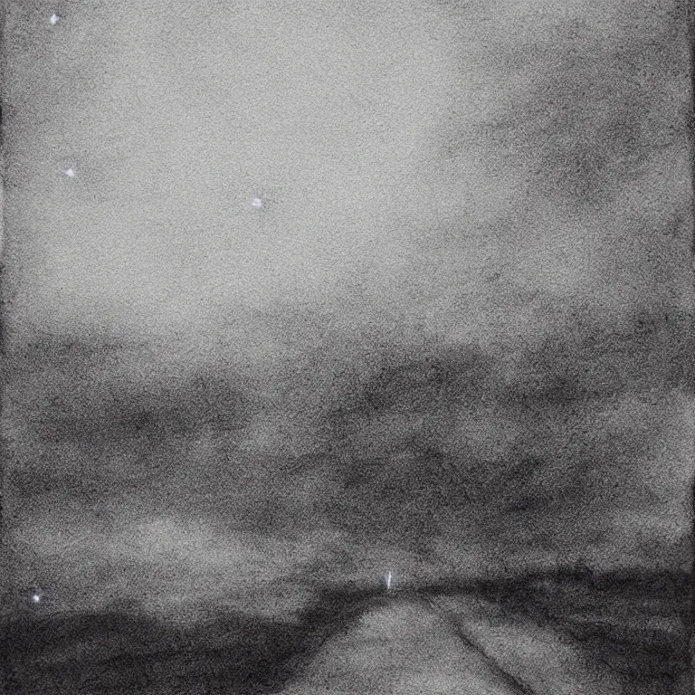 Image similar to foggy night sky, etching, black and white, high detail, engraving, printmaking, high contrast
